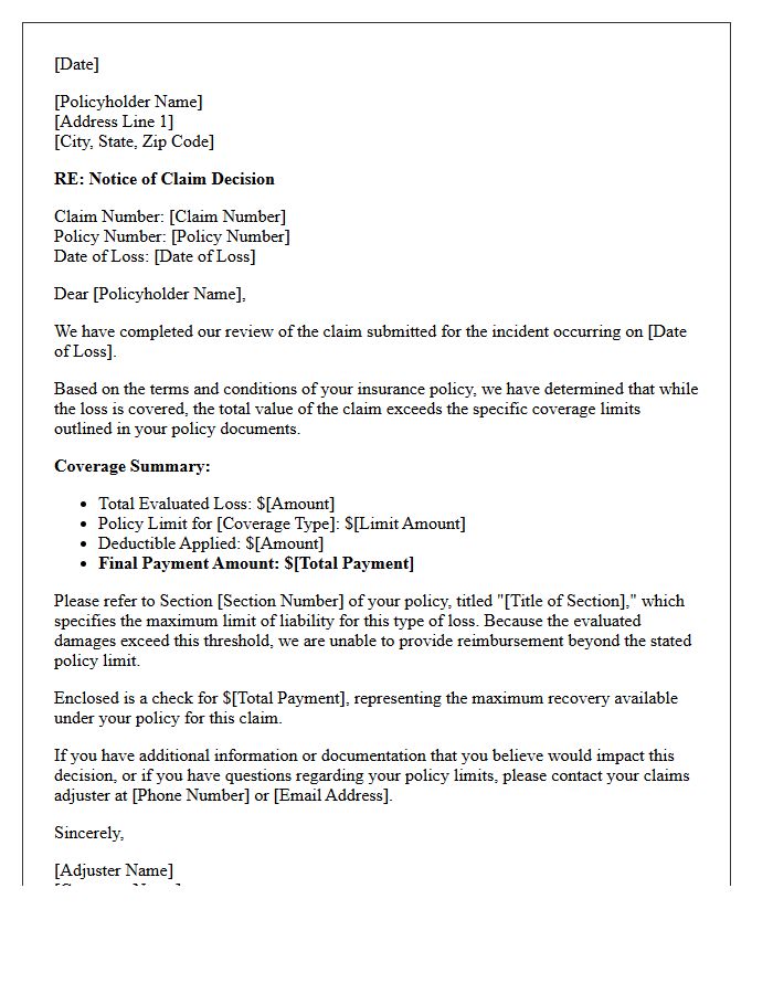 Claim Decision Letter Based on Policy Coverage Limits