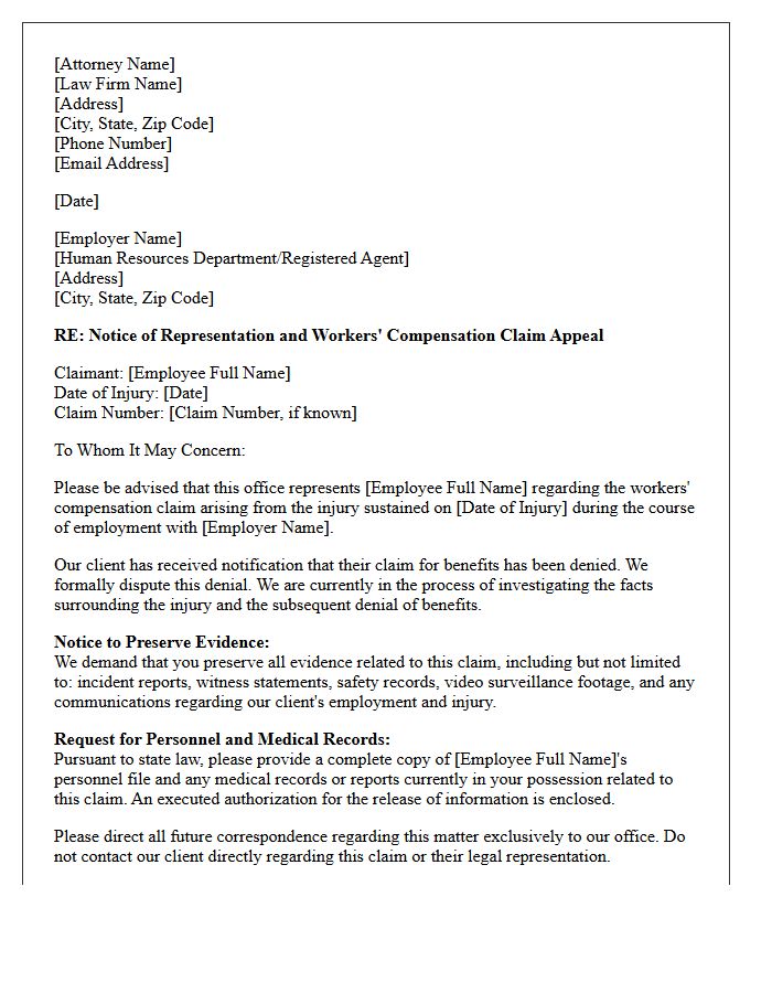 Letter of Representation to Employer for Denied Workers Compensation Claim