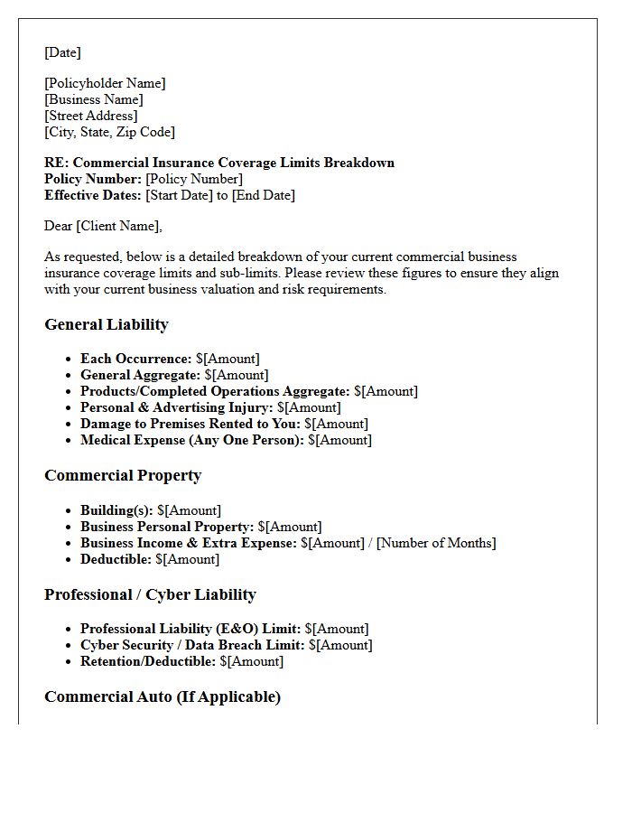 Commercial Business Insurance Coverage Limits Breakdown Letter