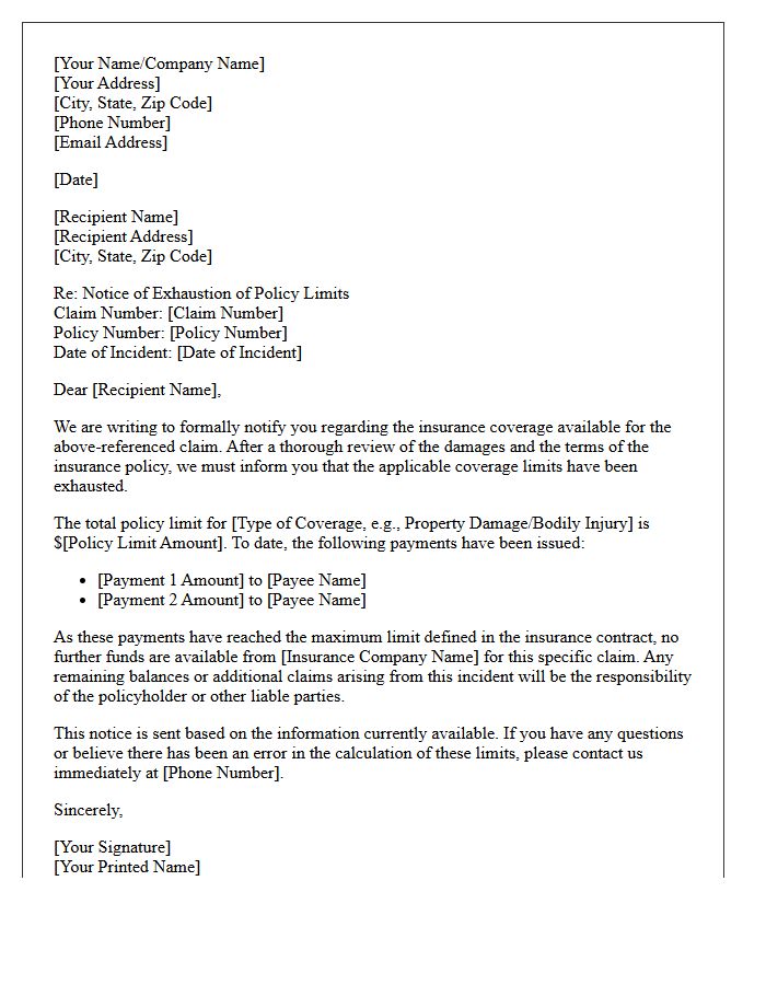 Notice of Exhausted Policy Coverage Limits Letter