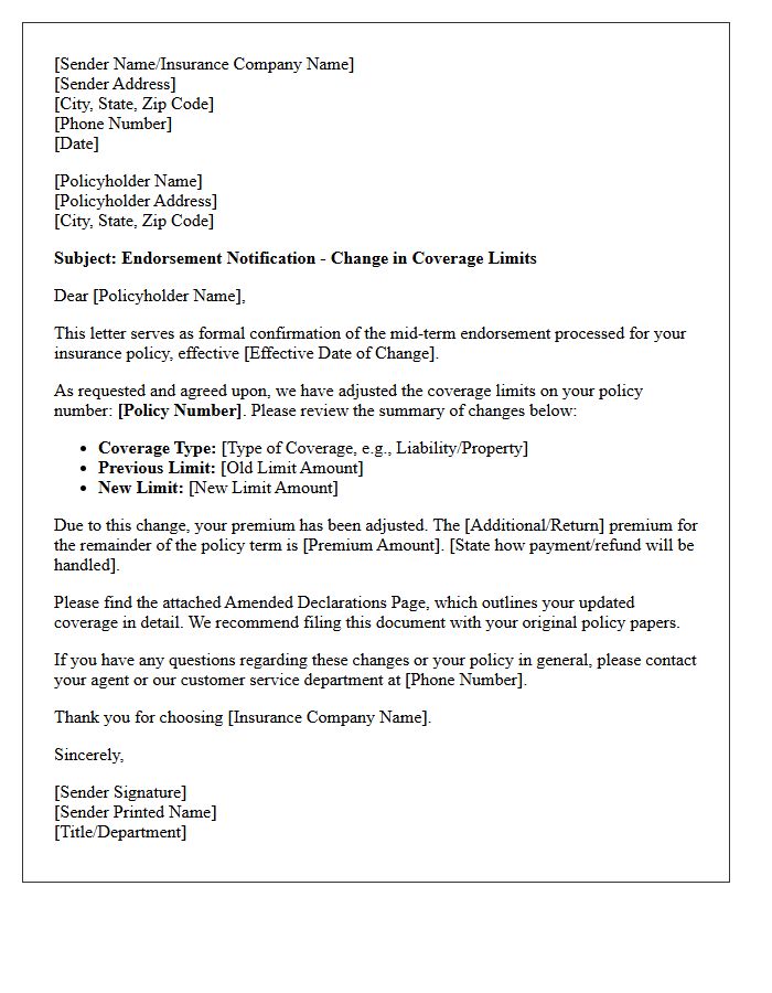 Mid-Term Policy Endorsement Letter on Coverage Limits Change