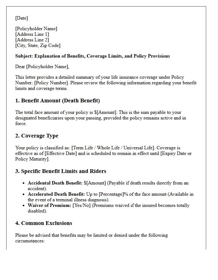 Life Insurance Benefit Limits and Coverage Explanation Letter