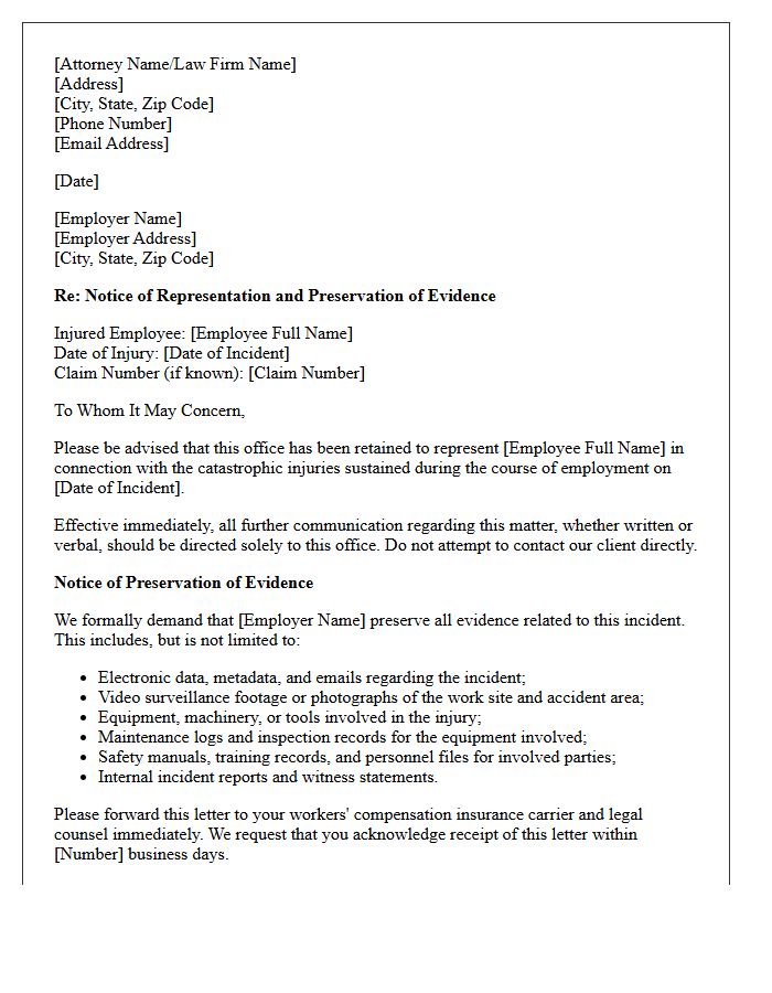 Letter of Representation to Employer for Catastrophic Workplace Injury