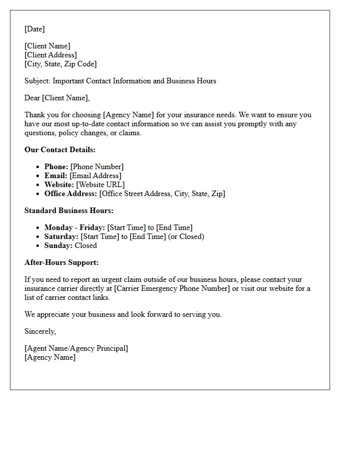 Insurance Agency Contact Information and Business Hours Letter