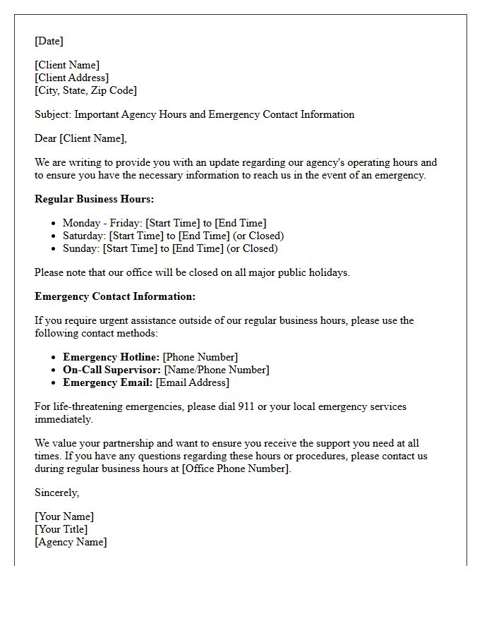 Important Agency Hours and Emergency Contact Letter