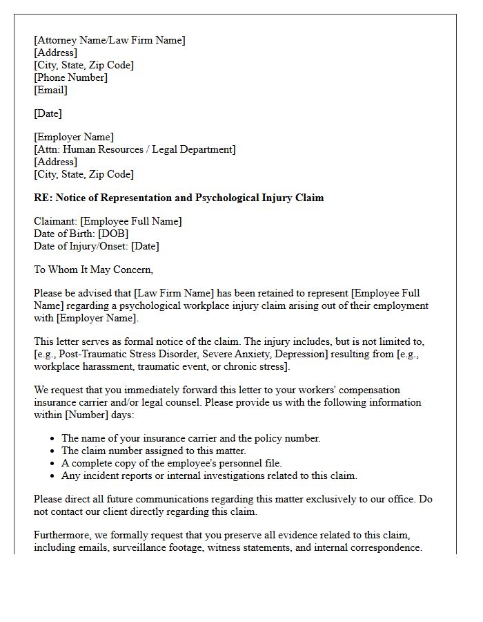 Letter of Representation to Employer for Psychological Workplace Injury Claim