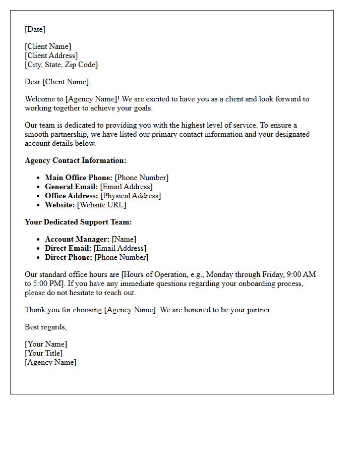 Client Welcome Letter Featuring Agency Contact Information