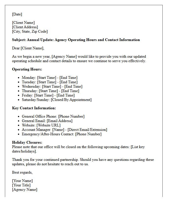Annual Update Letter Regarding Agency Hours and Contacts