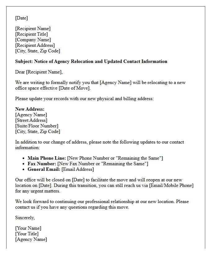 Notice of Agency Relocation and Updated Contact Information Letter