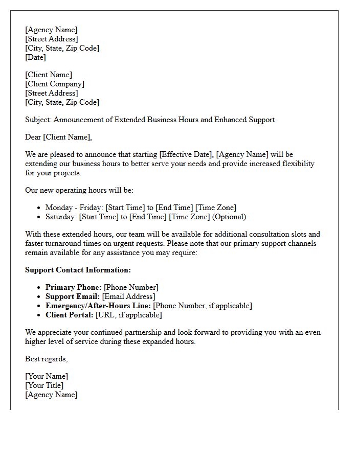 Extended Agency Business Hours and Support Contact Letter