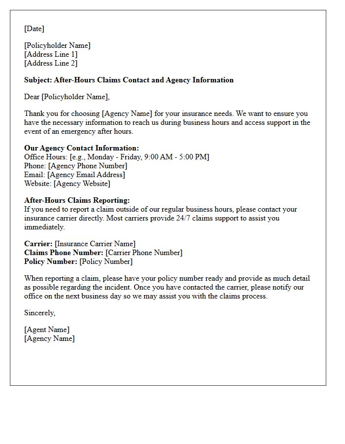 After-Hours Claims Contact and Agency Information Letter
