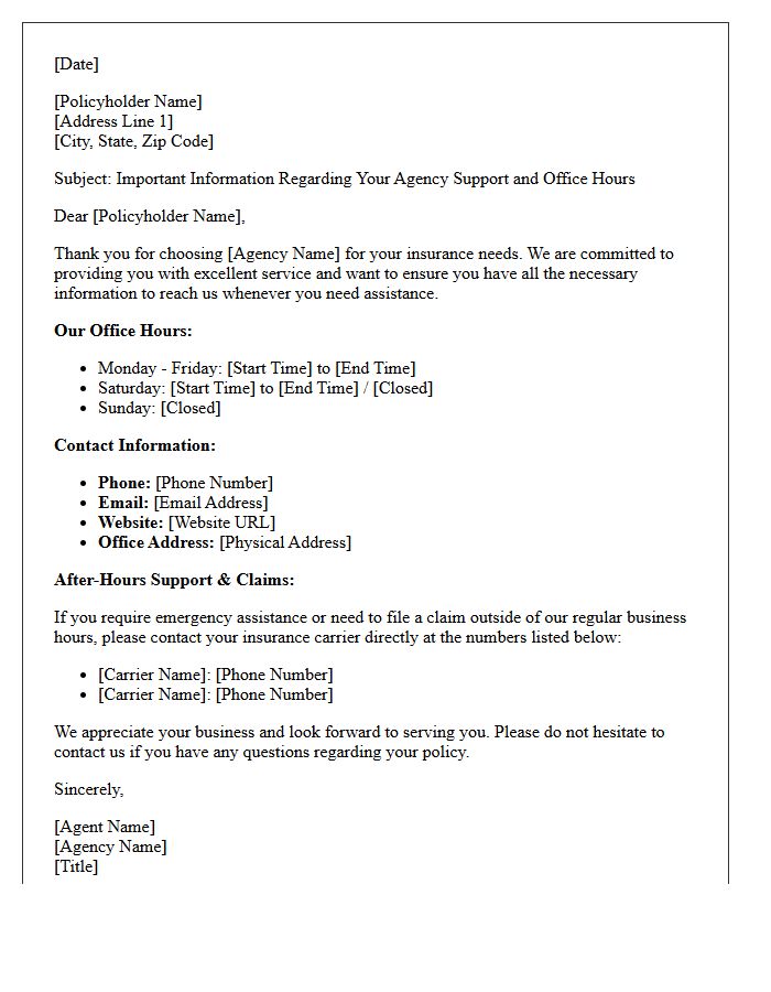 Policyholder Letter Providing Agency Hours and Support Contacts