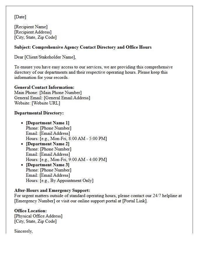 Comprehensive Agency Contact Directory and Office Hours Letter