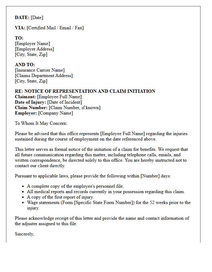 Letter of Representation to Employer and Insurance Carrier for Claim Initiation