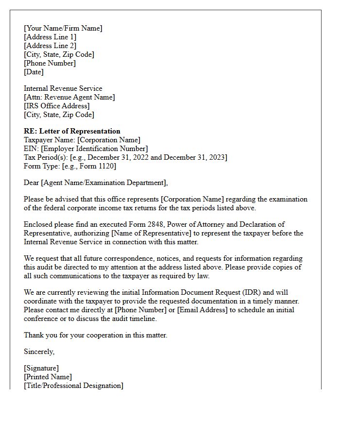 Letter of Representation to the Internal Revenue Service for Corporate Tax Audits