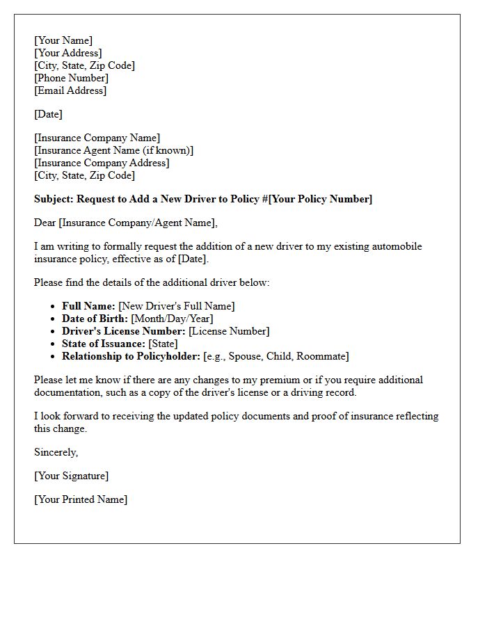Request Letter for Adding a New Driver to Auto Policy