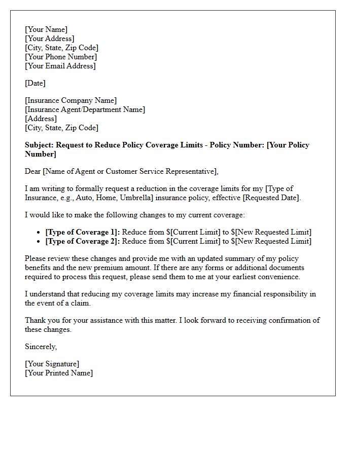 Policy Coverage Limit Reduction Request Letter