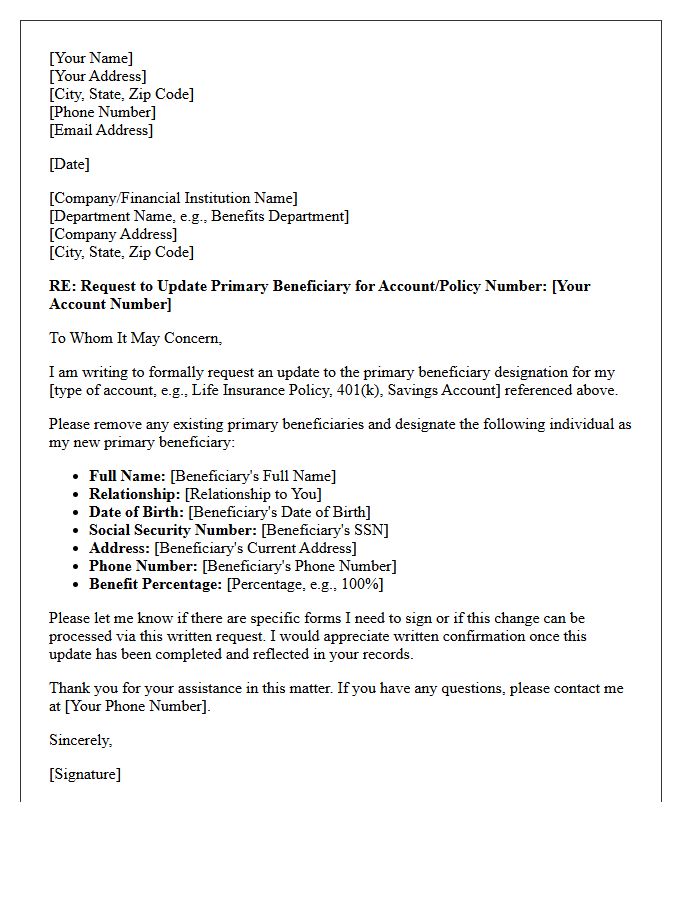 Letter Requesting an Update to Primary Beneficiary