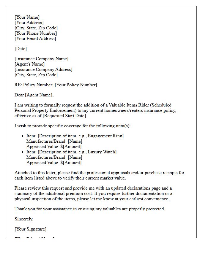 Letter Requesting to Add a Valuable Items Rider