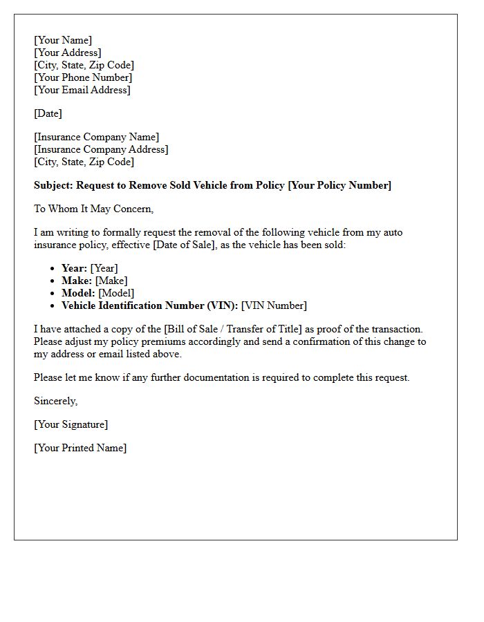 Letter to Remove Sold Vehicle From Existing Policy
