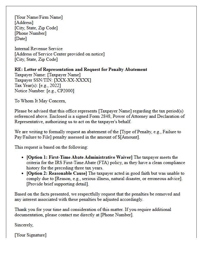 Letter of Representation to the Internal Revenue Service Regarding Penalty Abatement