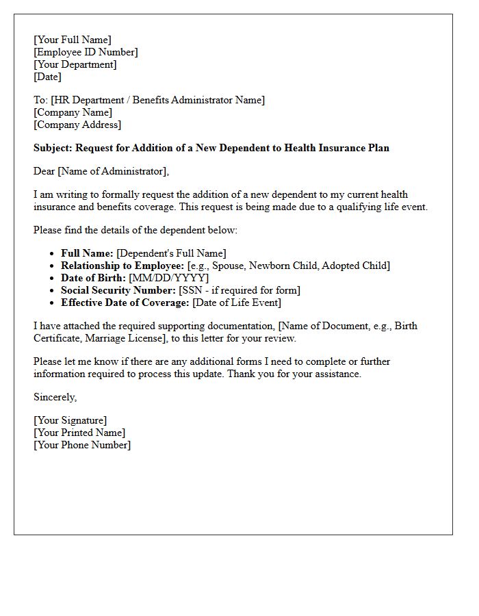 Letter Requesting the Addition of a New Dependent