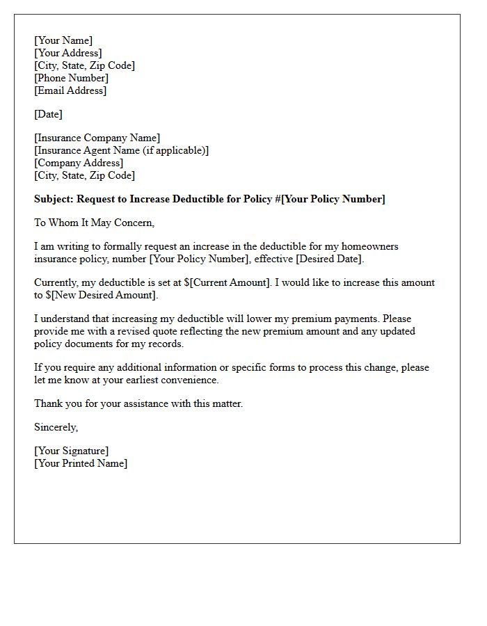 Deductible Increase Request Letter for Homeowners Insurance