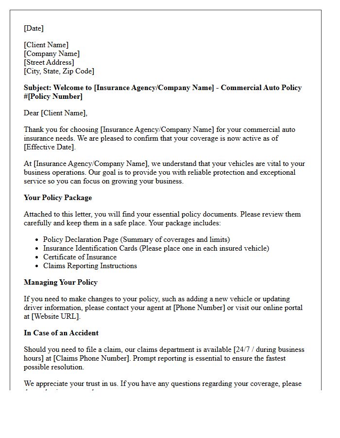 Welcome Letter for Your New Commercial Auto Policy