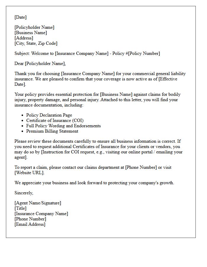 General Liability Commercial Insurance Welcome Letter