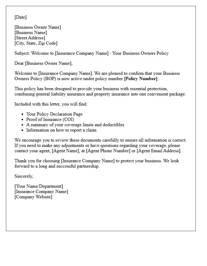 Business Owners Policy Welcome Letter