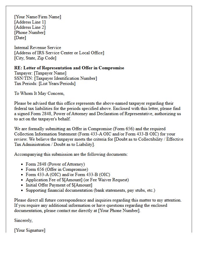 Letter of Representation to the Internal Revenue Service for an Offer in Compromise