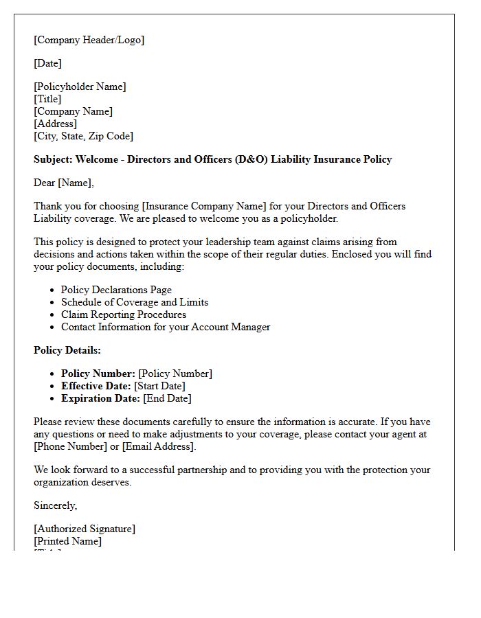 Directors and Officers Commercial Liability Welcome Letter