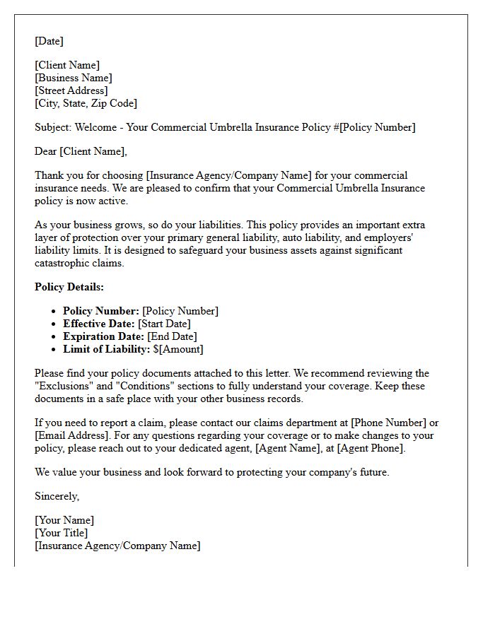 Commercial Umbrella Insurance Policy Welcome Letter