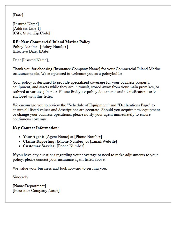 Commercial Inland Marine Policy Welcome Letter