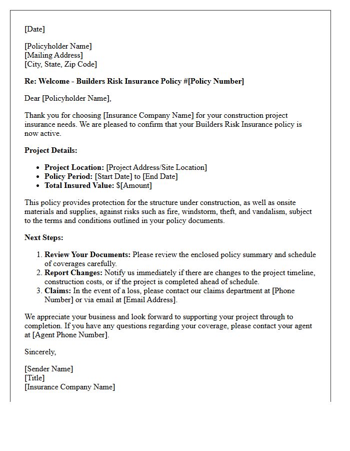 Builders Risk Insurance Policy Welcome Letter