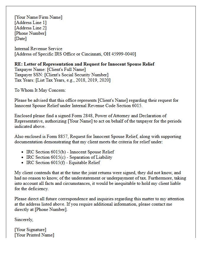 Letter of Representation to the Internal Revenue Service Concerning Innocent Spouse Relief