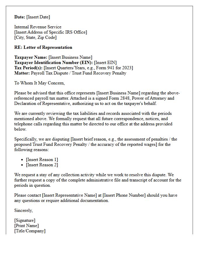 Letter of Representation to the Internal Revenue Service for Payroll Tax Disputes