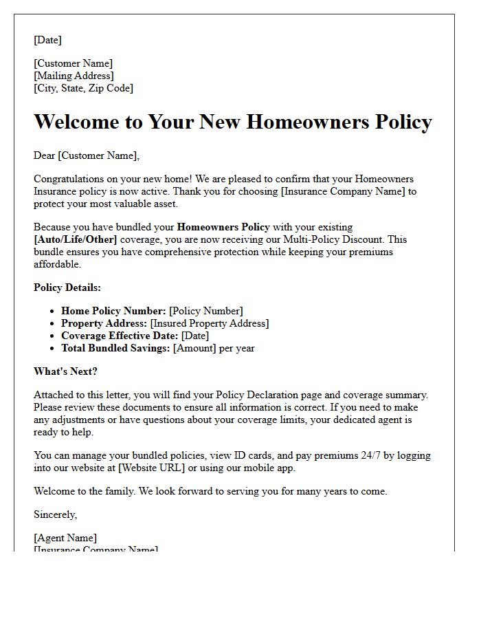 Bundled Insurance Welcome To Your New Homeowners Policy Letter