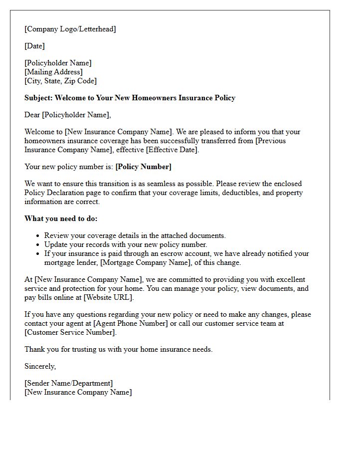 Transferred Provider Welcome To Your New Homeowners Policy Letter
