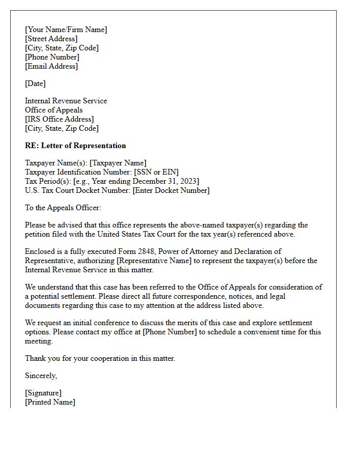 Letter of Representation to the Internal Revenue Service Regarding Tax Court Appeals