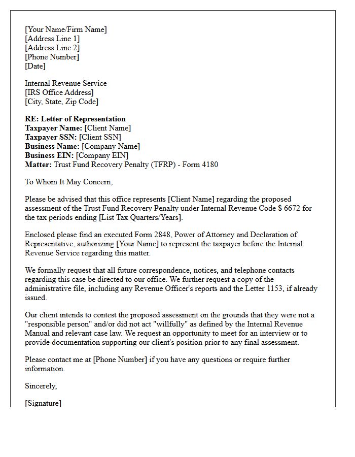 Letter of Representation to the Internal Revenue Service for Trust Fund Recovery Penalties