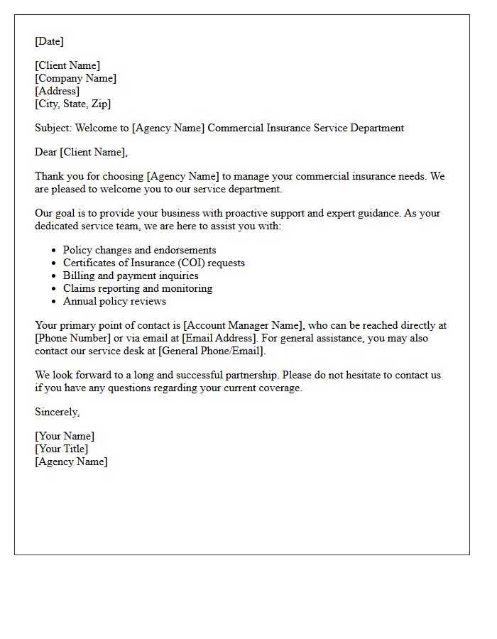 Welcome to Our Commercial Insurance Service Department Letter