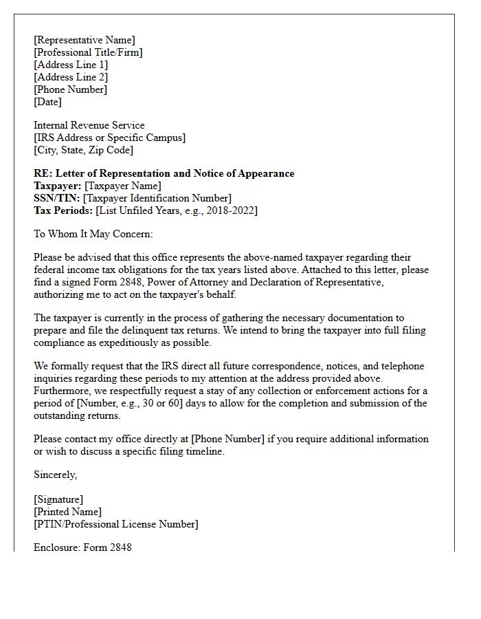 Letter of Representation to the Internal Revenue Service Concerning Unfiled Tax Returns