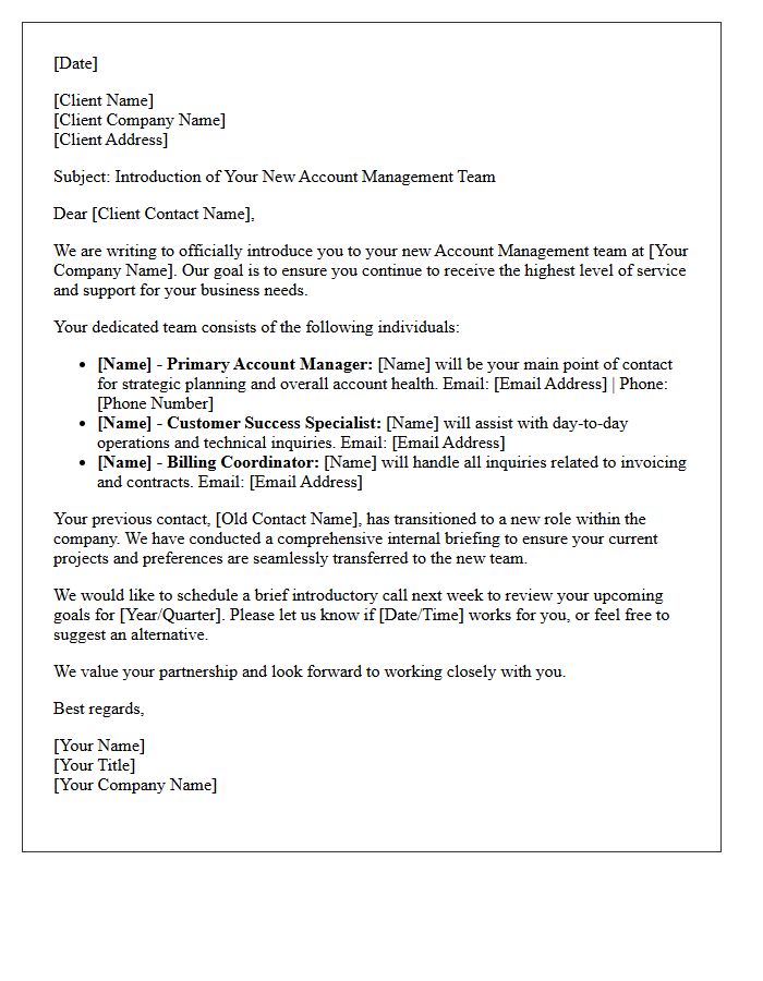 Introduction to Your New Account Management Service Team Letter