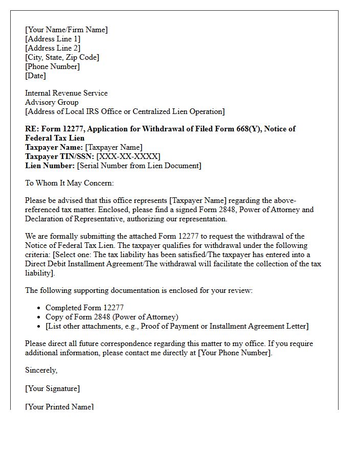 Letter of Representation to the Internal Revenue Service for Tax Lien Withdrawals