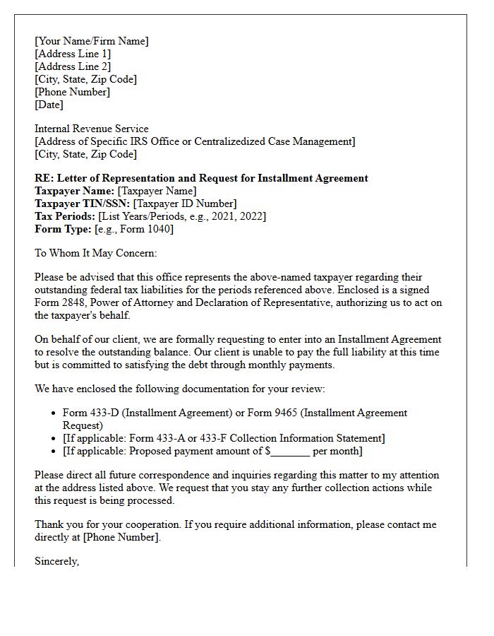 Letter of Representation to the Internal Revenue Service Regarding Installment Agreements