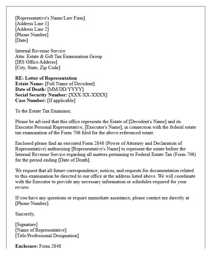 Letter of Representation to the Internal Revenue Service for Estate Tax Examinations