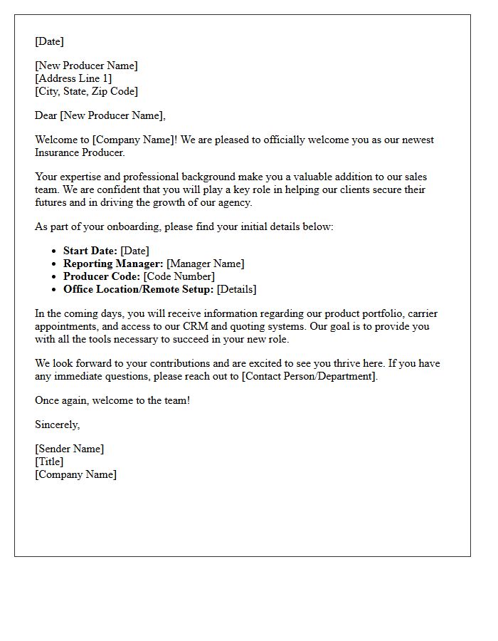 Official Welcome Letter for a New Insurance Producer