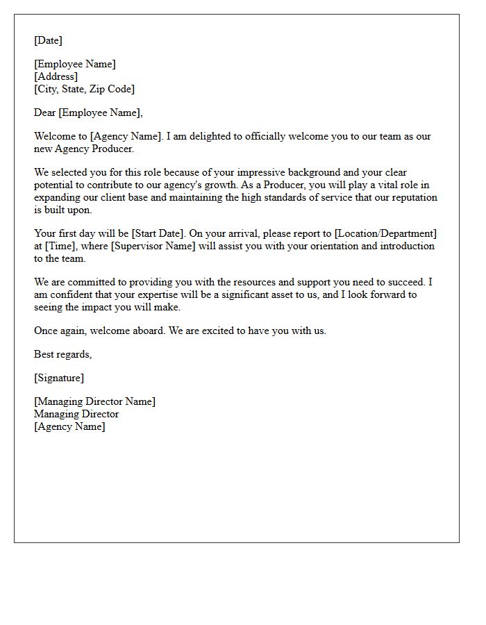 Managing Director Welcome Letter for a New Agency Producer