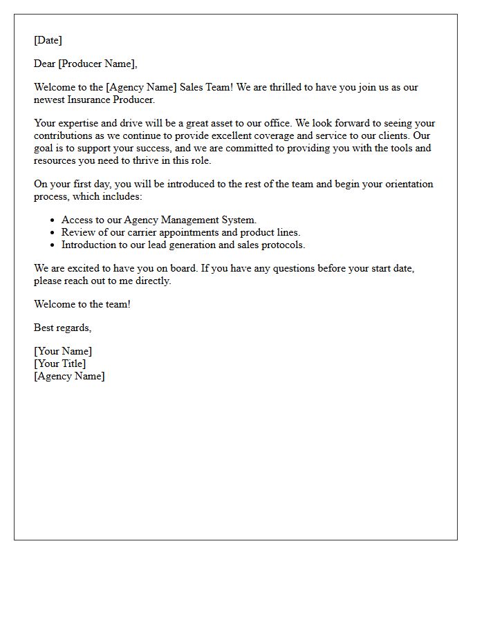Sales Team Welcome Letter for the Incoming Insurance Producer